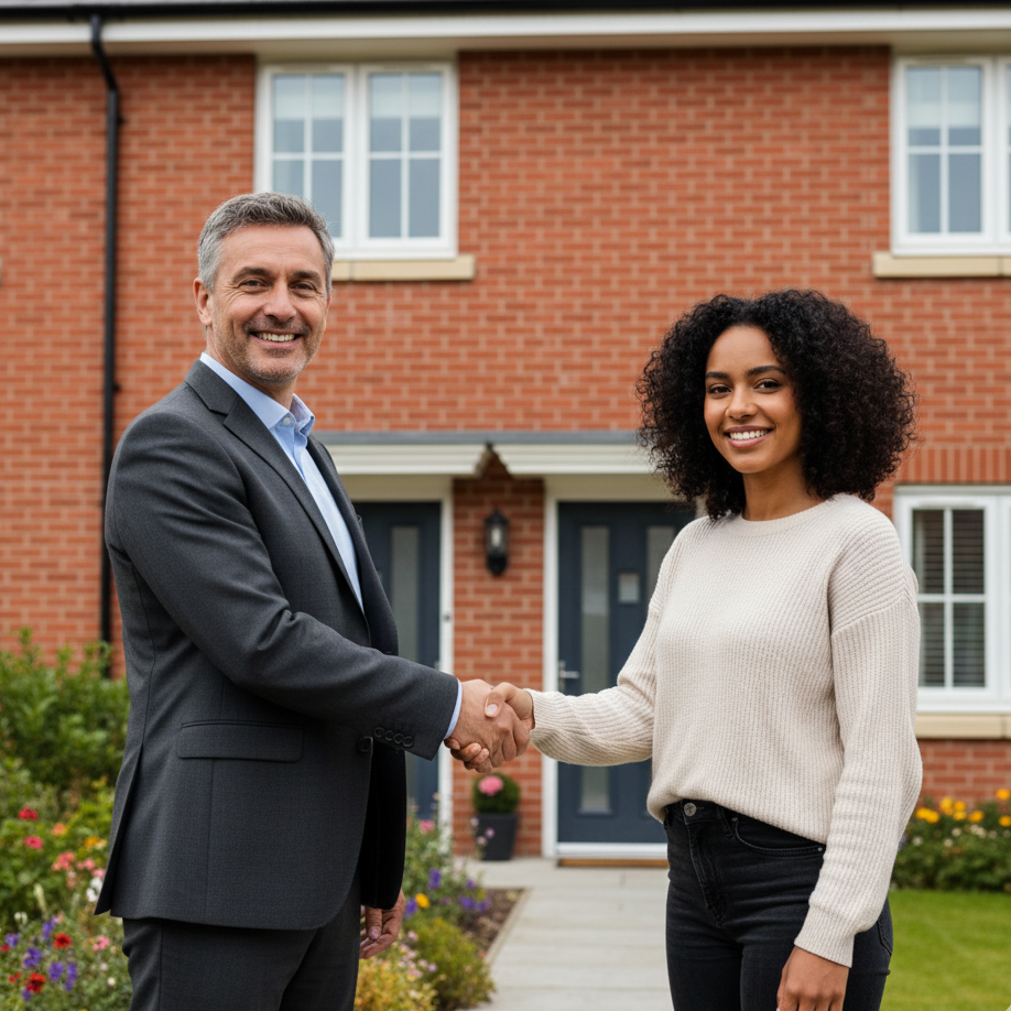 Professional handshake between Upsurge Properties team members in front of residential property